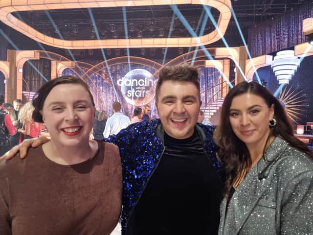 2FM presenter Carl Mullan and his sisters Therese and Emma on the set of the Dancing with the Stars.