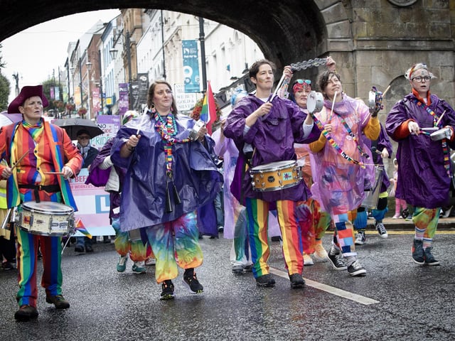 One of the groups make their way into Giuldhall Square during Saturday's Pride Parade. (Photos: Jim McCafferty Photography)