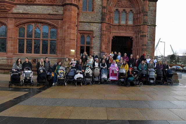 Mayor Sandra Duffy pictured with members of the North West BAPS (Breastfeeding and Perinatal Support) project who gathered in Guildhall Square on Wednesday to mark World Best Feeding in Public Day. Photo: George Sweeney. DER2308GS – 79