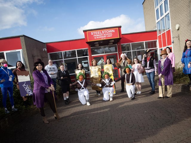 Steelstown PS Principal Ms. Catherine Doorish and her staff playing her part in celebrating World Book Day at the school on Thursday last. (Photos: Jim McCafferty Photography)