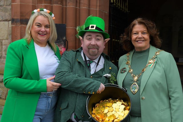 Colr Sandra Duffy, Chris Rodgers and Mayor Patricia Logue at the St Patrick’s Day parade. Photo: George Sweeney