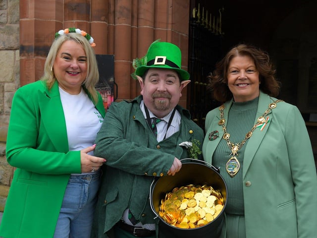 Colr Sandra Duffy, Chris Rodgers and Mayor Patricia Logue at the St Patrick’s Day parade. Photo: George Sweeney