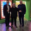 Dr Tim Campbell, Director of The Saint Patrick Centre with Radio Foyle Broadcaster & Entertainer Hugo Duncan and Presenter Gerry Kelly