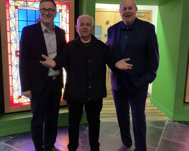 Dr Tim Campbell, Director of The Saint Patrick Centre with Radio Foyle Broadcaster & Entertainer Hugo Duncan and Presenter Gerry Kelly