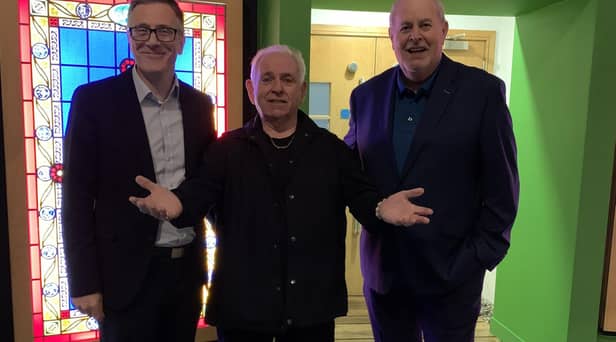 Dr Tim Campbell, Director of The Saint Patrick Centre with Radio Foyle Broadcaster & Entertainer Hugo Duncan and Presenter Gerry Kelly