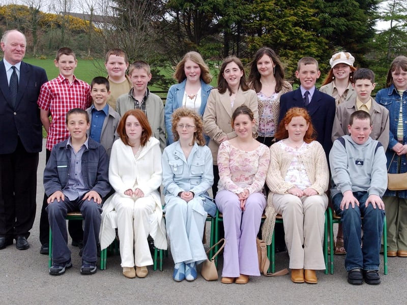 Pupils from Scoil Colmcille, Greencastle, who were confirmed in the Church of St Pius X, Moville, by Most Rev. Dr Seamus Hegarty, Bishop of Derry. Included is Mr Tom Harkin, class teacher.