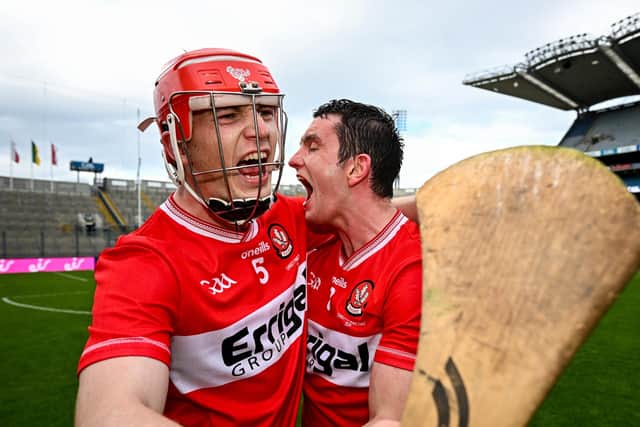 Derry players Eamon Cassidy, left, and Cormac O'Doherty celebrate after their side's victory in the Christy Ring Cup final match between Kerry and Derry at Croke Park in Dublin. Photo by Seb Daly/Sportsfile