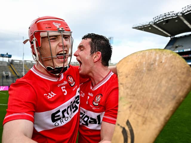 Derry players Eamon Cassidy, left, and Cormac O'Doherty celebrate after their side's victory in the Christy Ring Cup final match between Kerry and Derry at Croke Park in Dublin. Photo by Seb Daly/Sportsfile