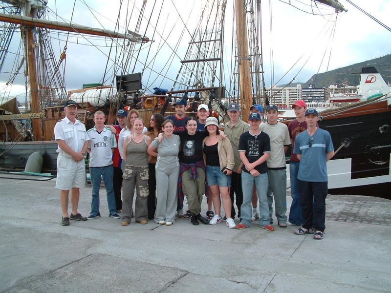Derry man Kieran Stainsby (centre back) about to board the Jeanie Johnston with fellow Wider Horizons students.