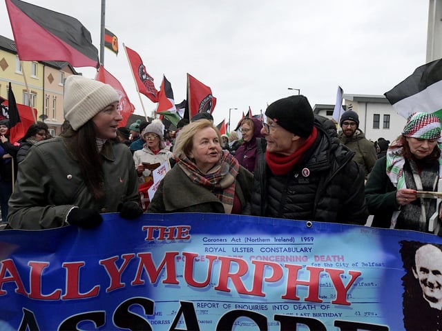 Bernadette McAliskey and Eamonn McCann at the Bloody Sunday 52nd commemoration march on Sunday afternoon. Photo: George Sweeney.