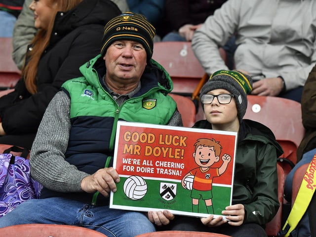 Fans in Celtic Park, on Sunday afternoon, for the Derry Junior Football Championship Final between Doire Trasna and Slaughtmanus. Photo: George Sweeney