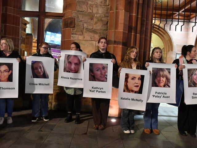 Photographs of women who lost their lives through violence displayed at the Rally for Women's Safety held in the Guildhall Square on Friday evening. Photo: George Sweeney