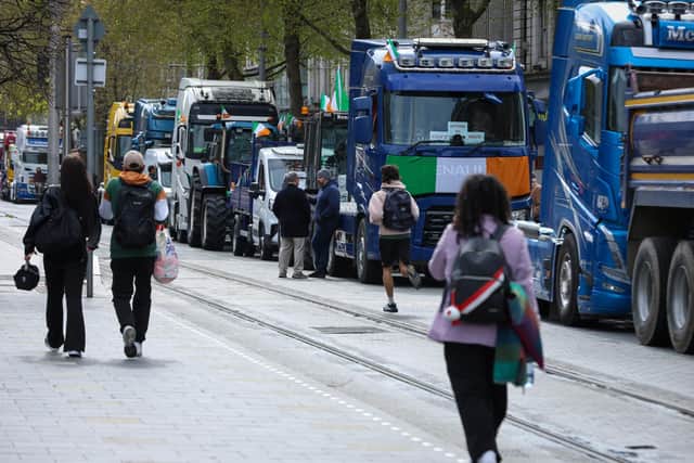 Trucks and tractors block O'Connell Street in the centre of the city, as protests continue for a third day against the rising cost of fuel, in central Dublin on April 9, 2026. (Photo by Paul Faith / AFP via Getty Images) : Getty.