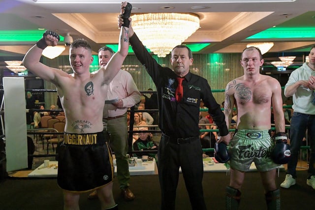 Rathmor Warrior’s Conal McBrearty defeated CJ Silcock, Fightclub NI, to win the All Ireland 66kg K1 Title, on Saturday evening last, in the Everglades Hotel. Photo: George Sweeney. DER2312GS – 80
