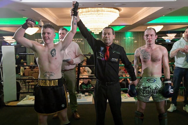 Rathmor Warrior’s Conal McBrearty defeated CJ Silcock, Fightclub NI, to win the All Ireland 66kg K1 Title, on Saturday evening last, in the Everglades Hotel. Photo: George Sweeney.  DER2312GS – 80