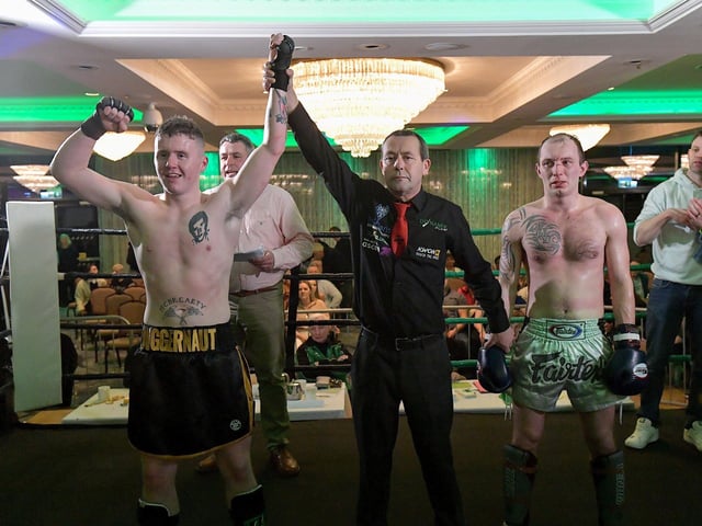 Rathmor Warrior’s Conal McBrearty defeated CJ Silcock, Fightclub NI, to win the All Ireland 66kg K1 Title, on Saturday evening last, in the Everglades Hotel. Photo: George Sweeney. DER2312GS – 80