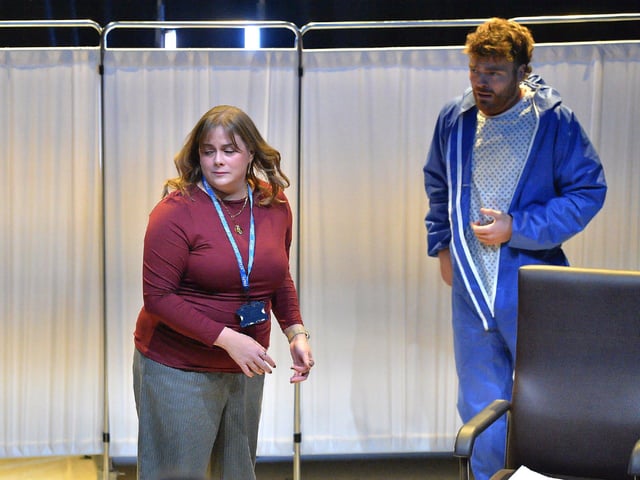 John, who has died by suicide, appears to mortuary make-up artist Jennifer in a liminal space between life and death in Jonathan Burgess’s play Forever and Ever at New Gate Arts and Culture Centre. Photo: George Sweeney
