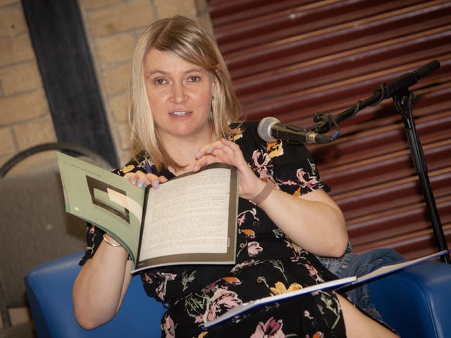 Freya McClements talking about Brian Rowan's book '25 Pieces' on Thursday evening at the Féile 23 event in Pilot's Row Centre, Derry.