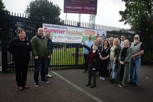 END-OF-SUMMER FESTIVAL LAUNCH. . . . .St. Brigid's College Year 9 student Harry Preston points to the place to be this Saturday, 14th September for the Greater Shantallow End-of-Summer Festival in the grounds of St. Brigid's College from 1.00pm – 4.00pm. Included are representatives from Greater Shantallow Area Partnership, Friends of St. Brigid’s, Housing Executive (funders), St. Brigid's College and local councillors. (Photo: JIm McCafferty Photography)
