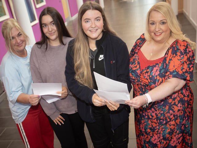 Ms. Roisin Rice, Vice Principal, checking A Level results on Thursday morning at St. Mary's College, with from left, Shauna Little (mum), daughter Alix and friend Zara O'Reilly.