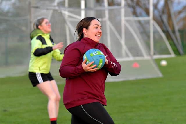 Action from Doire Trasna’s first Mothers and Others football practice session, at Corrody Road. Photo: George Sweeney. DER2316GS – 18