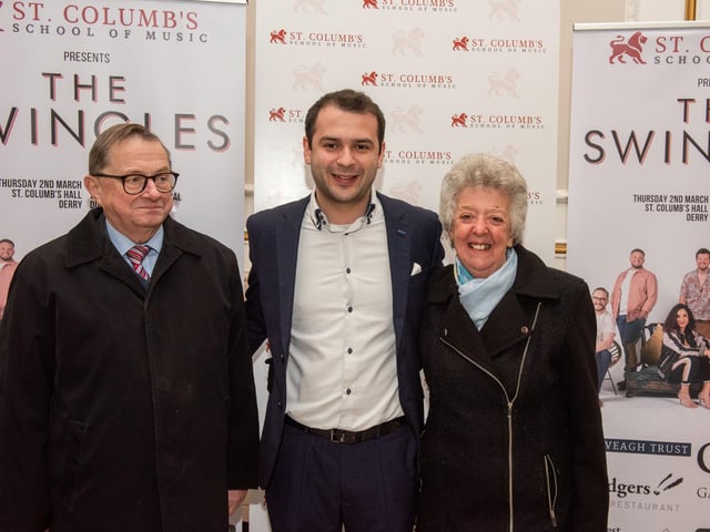 Nicky Morton, co-founder of St.Columb’s School of Music pictured with Ian Bartlett and Murial Hamilton at the School’s annual Gala concert in St.Columb’s Hall headlined by the Swingles. Picture Martin McKeown.