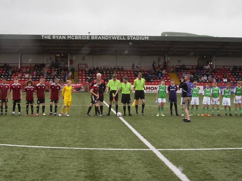 The Crusaders and Hibernians players pictured before the start of the Foyle Cup u-12 final at Brandywell on Saturday.
