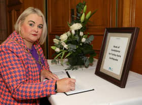 Mayor of Derry and Strabane, Sandra Duffy, opens a Book of Condolence for the victims of the Turkey-Syria earthquake.
