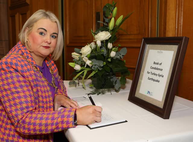 Mayor of Derry and Strabane, Sandra Duffy, opens a Book of Condolence for the victims of the Turkey-Syria earthquake.