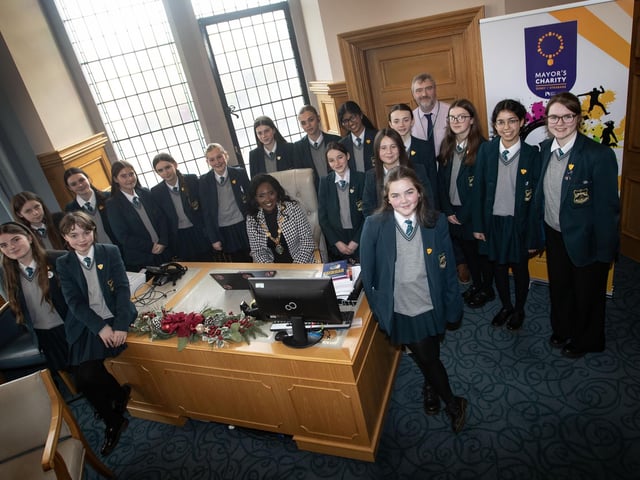 GUILDHALL VISIT. . . .The Mayor of Derry City and Strabane District Council, Lilian Seenoi-Barr in conversation with junior student prefects from Thornhill College during their visit to the Guildhall on Tuesday afternoon. Included is Mr. Greg White, teacher. (Photos: Jim McCafferty Photography)