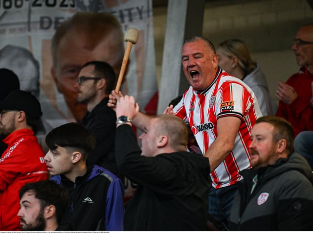Derry City supporters during the SSE Airtricity Men's Premier Division match between Derry City and Shamrock Rovers at The Ryan McBride Brandywell Stadium in Derry. Photo by Seb Daly/Sportsfile