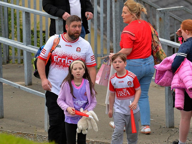 Derry fans arrive at Celtic Park. Photo: George Sweeney