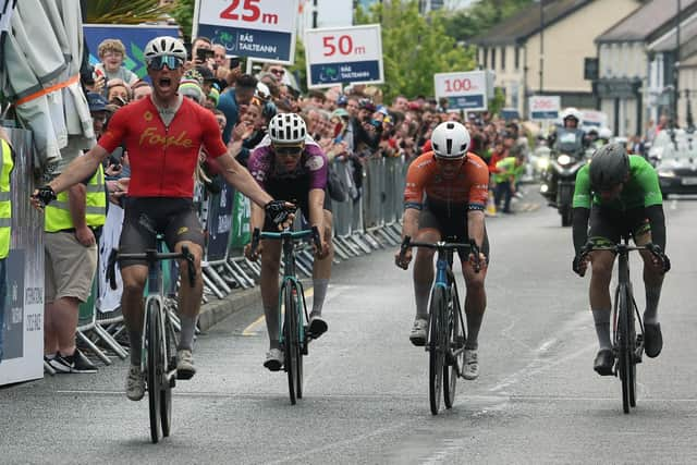 Foyle Cycling Club's Finn Crockett CC wins Sunday's final stage of the Ras Tailteann from Monaghan - Blackrock, a first ever victory for the Derry club at the prestigious event.
(Photo: Lorraine O'Sullivan)