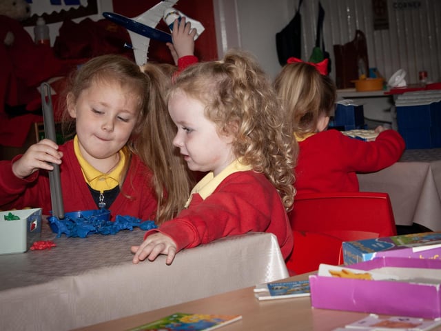 P1 pupils Jayda and Ruby in discussion at Steelstown PS this week.:.