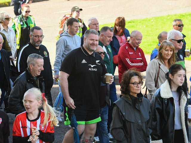 Participants who took part in Sunday’s Chieftain’s Walk from Bay Road to Foyle Road. Photo: George Sweeney