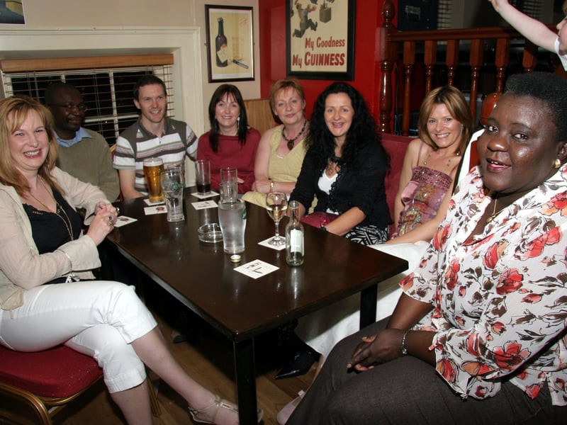 Kim enjoys a birthday drink with Denise, Igho, Damien, Lisa, Brid, Anne and Dorothy 0649JML : Parties and celebrations June 2006: Kim Boyle.