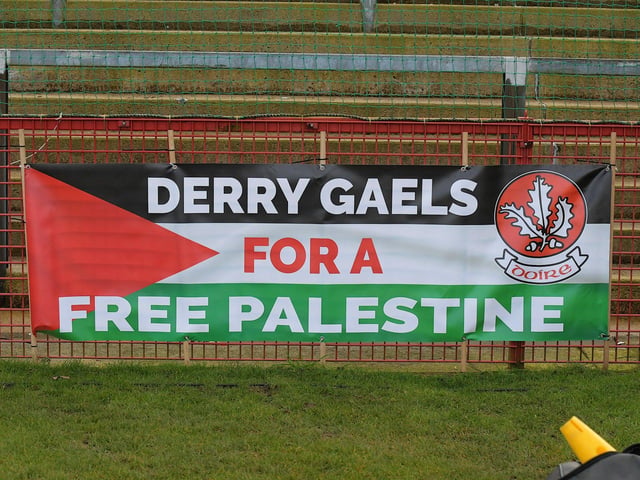 Banner, supporting Palestine, on display at Celtic Park on Saturday evening. Photo: George Sweeney