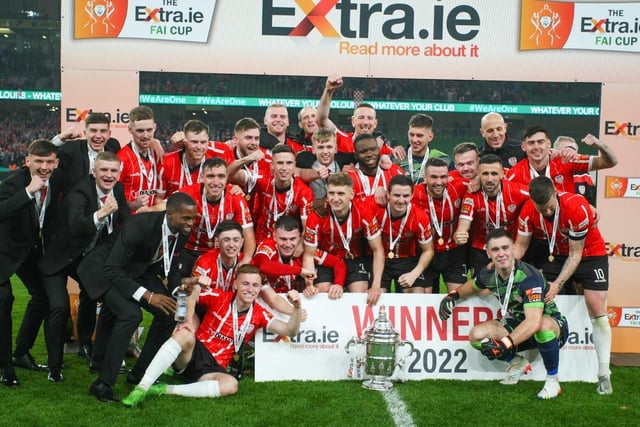 Derry City, the 2022 FAI Cup champions, celebrate in the Aviva Stadium on Sunday after defeating Shelbourne 4-0. (Photo: Photo: Kevin Moore/MCI)