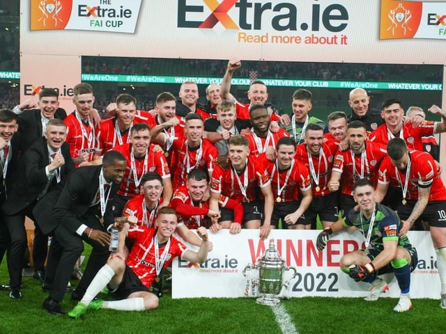 Derry City, the 2022 FAI Cup champions, celebrate in the Aviva Stadium on Sunday after defeating Shelbourne 4-0. (Photo: Photo: Kevin Moore/MCI)