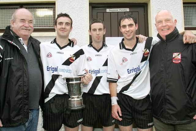 The late Liam Hinphey, on left, with his family following Kevin Lynch's Dungiven win over Banagher in the Derry Senior Hurling Championship Final in 2007. Included are Liam (on left) his sons Kevin, Kieran and Liam Óg, with their uncle Colm Hinphey. Picture Margaret McLaughlin LV41-726MML