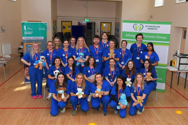 Medical students from the Ulster University Magee Campus, who are members of the Child Health Society, pictured at the Model Primary School's Teddy Bear Hospital held  at the school on Wednesday morning. Photo: George Sweeney