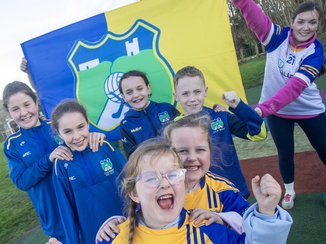 Some of the twins from St. Aengus'' National School, Bridgend showing their support for the Beart GAC hurlers who will take on Lavey in the Ulster Junior Championship final at Celtic Park.