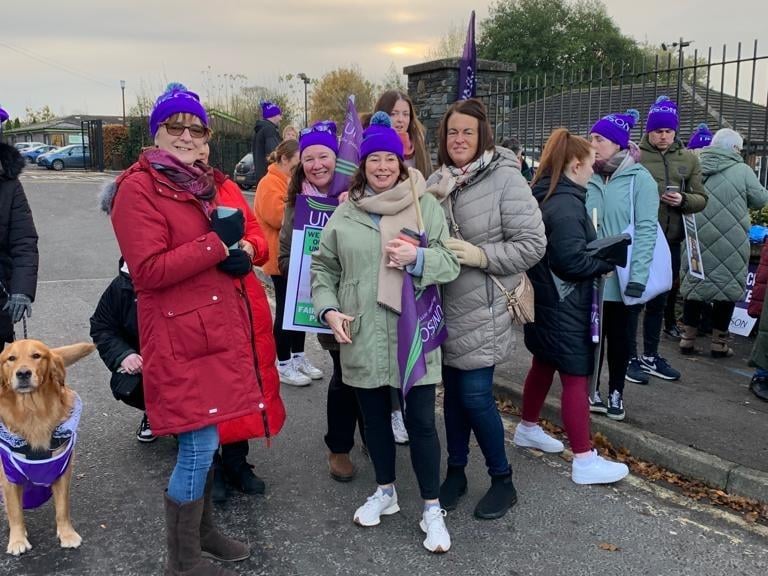 Ardnashee staff on strike outside their school.