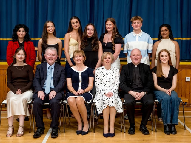 Students who attained an outstanding 3A* grades or better in their A2 examinations with Dr Marie Ferris (Principal), Mrs Jacinta Bradley (Vice Chairperson, Board of Governors), Father Gerard Mongan (Board of Governors)& Dr Michael Gormley (Senior Teacher).