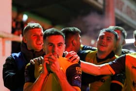 Derry City midfielder Jordan McEneff celebrates his first league goal for the club after putting the team ahead just after the half hour mark at Richmond Park. Photo by Kevin Moore.