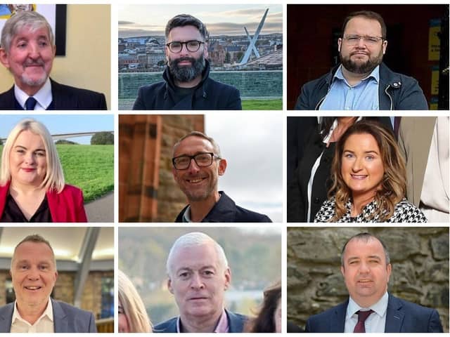 In alphabetical order, the nine candidates standing in the Ballyarnett ward. Top row left to right: Colm Cavanagh (Alliance), Damien Doherty (People Before Profit), Emmet Doyle (Aontú). Middle row left to right: Sandra Duffy (Sinn Féin), Rory Farrell (SDLP), Cartherine McDaid (SDLP). Bottom row: John McGowan (Sinn Féin), Patrick Murphy (Sinn Féin) and Brian Tierney (SDLP).