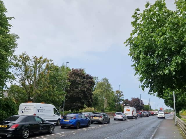 Traffic along the Culmore Road approaching the lane closure on Tuesday afternoon.