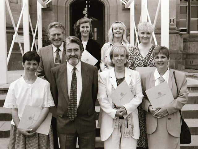 Photographs of students, professors, and proud parents during the Magee graduations in June 1995.