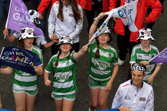 Young footballers from St Mary’s Faughanvale GAC taking part in the FRS Recruitment GAA World Games opening parade on Monday evening.  Photo: George Sweeney. DER2330GS -