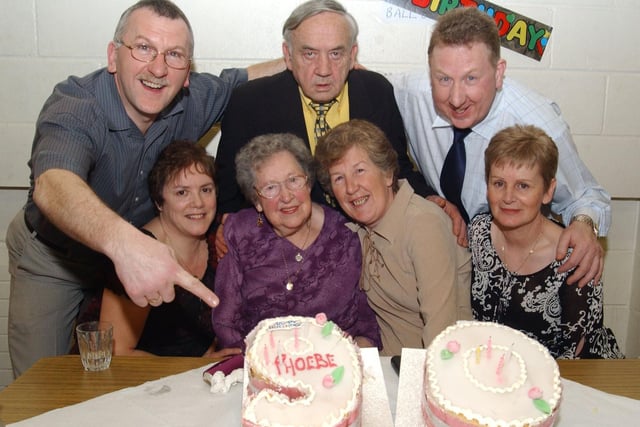 Phoebe Doherty celebrates her 90th birthday  with her family at St Joesph's Parish hall. Included are,  Joanie Doherty, Annie O Brian, Marion Curran, Joe Doherty, John O Brian and David Doherty. (2502CG11)